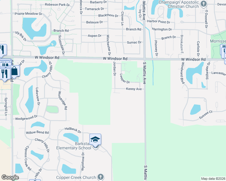 map of restaurants, bars, coffee shops, grocery stores, and more near 2601 Jordan Drive in Champaign