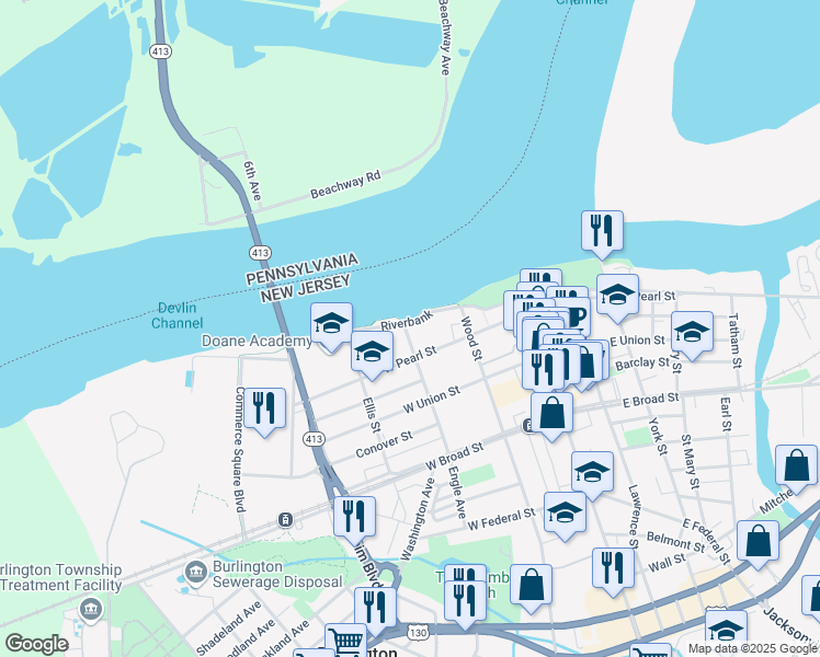 map of restaurants, bars, coffee shops, grocery stores, and more near 180 Riverbank in Burlington