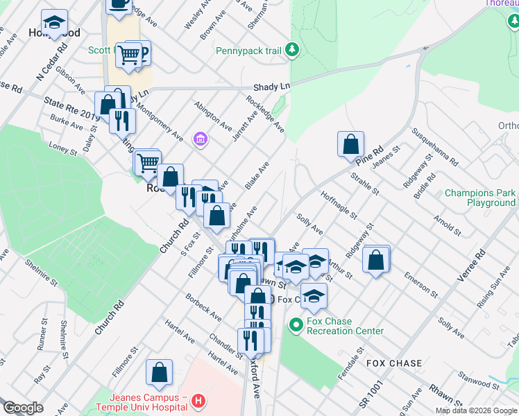 map of restaurants, bars, coffee shops, grocery stores, and more near 8116 Hennig Street in Philadelphia