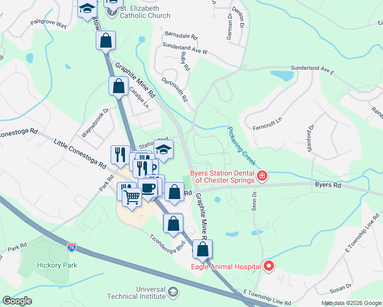 map of restaurants, bars, coffee shops, grocery stores, and more near 62 Granite Lane in Chester Springs