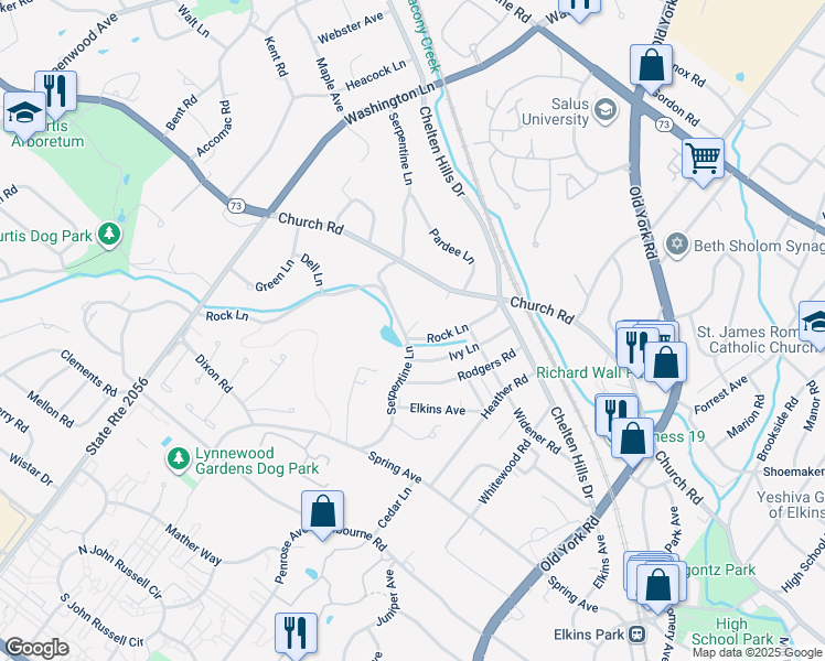 map of restaurants, bars, coffee shops, grocery stores, and more near 845 Rock Lane in Elkins Park