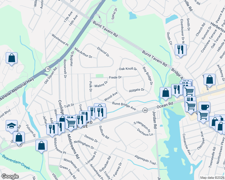 map of restaurants, bars, coffee shops, grocery stores, and more near 65 Wood Avenue in Brick Township