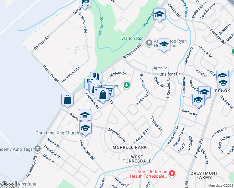 map of restaurants, bars, coffee shops, grocery stores, and more near 3539 Drumore Drive in Philadelphia