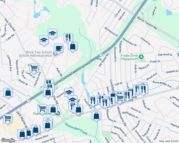 map of restaurants, bars, coffee shops, grocery stores, and more near 57 Rocky Mountain Boulevard in Brick