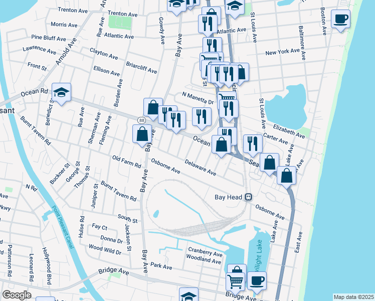 map of restaurants, bars, coffee shops, grocery stores, and more near 1218 Lister Street in Point Pleasant