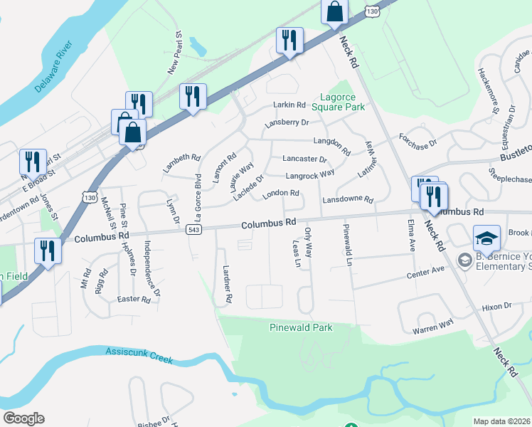 map of restaurants, bars, coffee shops, grocery stores, and more near 1303 Columbus Road in Burlington