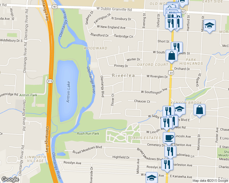 map of restaurants, bars, coffee shops, grocery stores, and more near 286 West Southington Avenue in Worthington