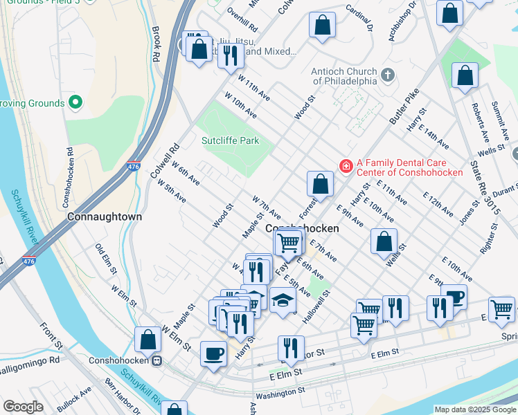 map of restaurants, bars, coffee shops, grocery stores, and more near 207 West 7th Avenue in Conshohocken