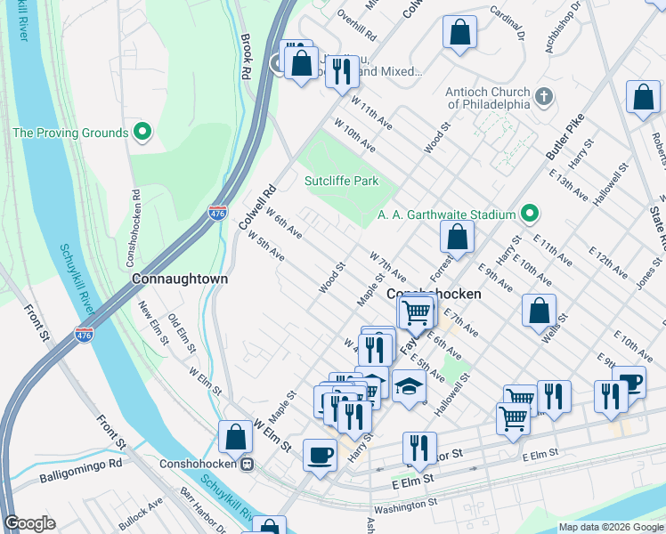 map of restaurants, bars, coffee shops, grocery stores, and more near 303 West 6th Avenue in Conshohocken