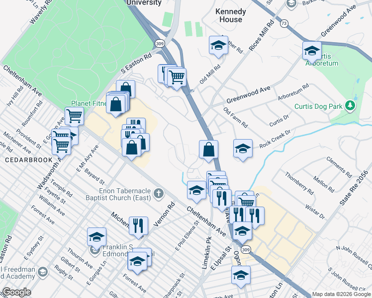 map of restaurants, bars, coffee shops, grocery stores, and more near 314 Ross Court in Wyncote