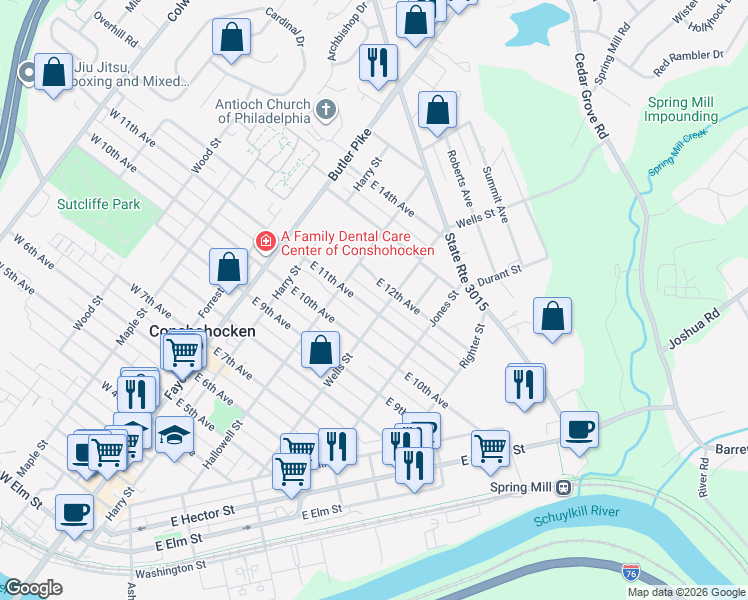 map of restaurants, bars, coffee shops, grocery stores, and more near 240 East 11th Avenue in Conshohocken