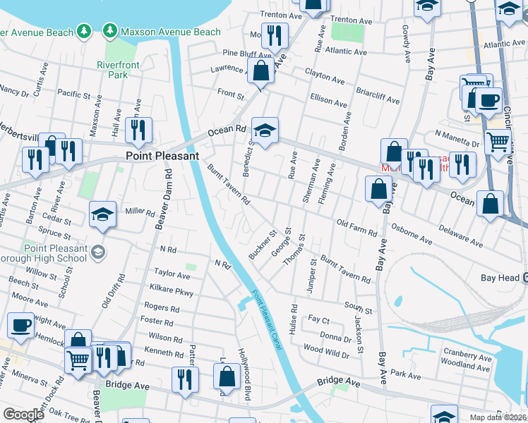 map of restaurants, bars, coffee shops, grocery stores, and more near 1012 Burnt Tavern Road in Point Pleasant