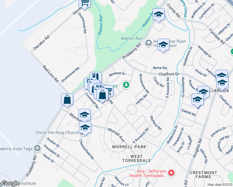 map of restaurants, bars, coffee shops, grocery stores, and more near 3539 Drumore Drive in Philadelphia