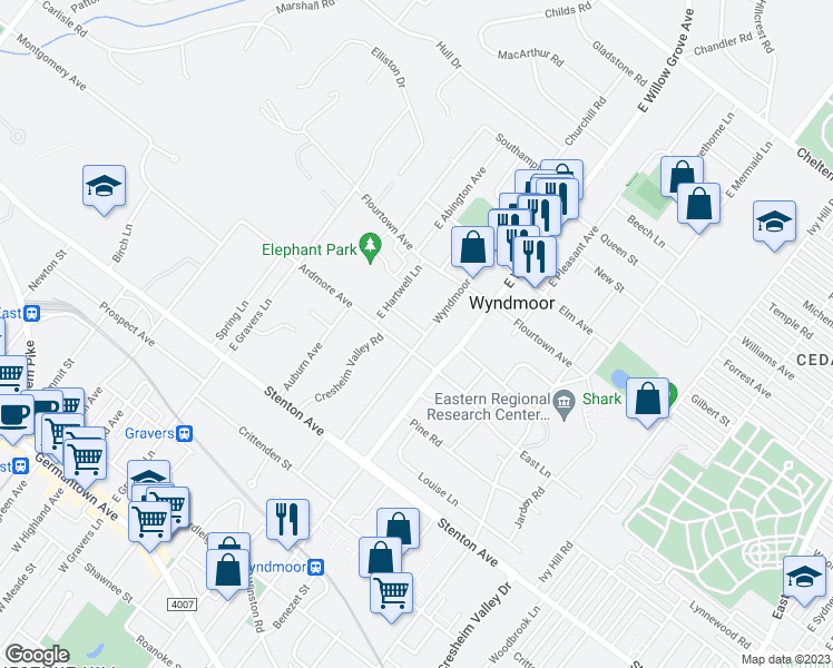 map of restaurants, bars, coffee shops, grocery stores, and more near 8103 Ardmore Avenue in Wyndmoor
