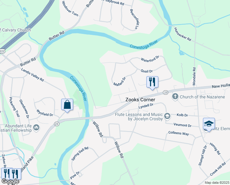 map of restaurants, bars, coffee shops, grocery stores, and more near 2039 Stonecrest Drive in Lancaster