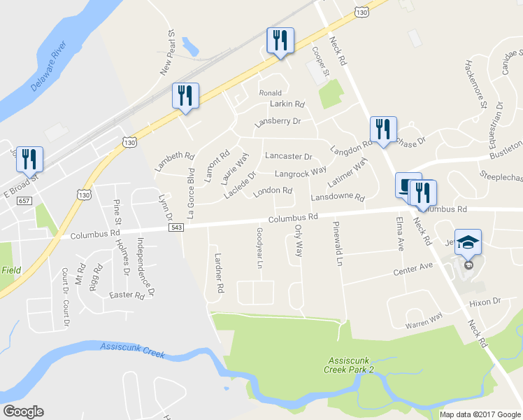 map of restaurants, bars, coffee shops, grocery stores, and more near 1303 Columbus Road in Burlington