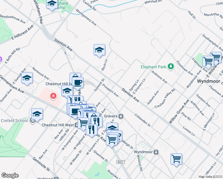 map of restaurants, bars, coffee shops, grocery stores, and more near 8601 Prospect Avenue in Philadelphia