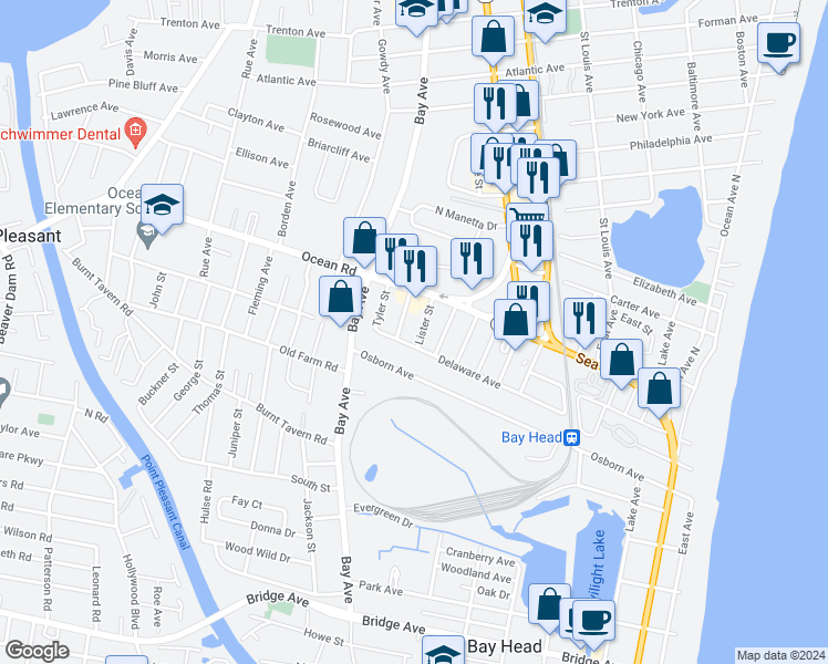 map of restaurants, bars, coffee shops, grocery stores, and more near 1218 Lister Street in Point Pleasant