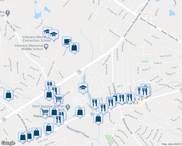 map of restaurants, bars, coffee shops, grocery stores, and more near Rocky Mountain Court in Brick