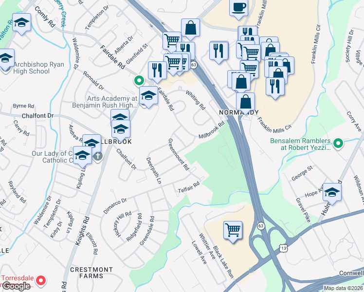 map of restaurants, bars, coffee shops, grocery stores, and more near 11802 Millbrook Road in Philadelphia