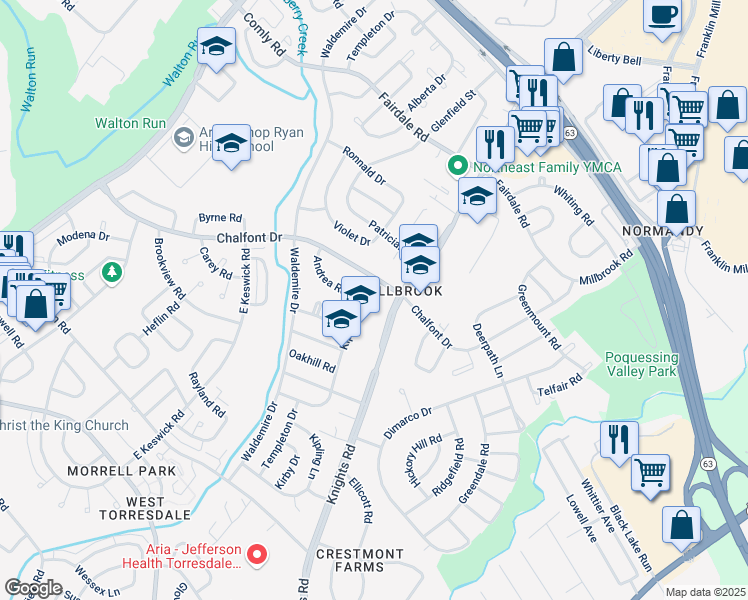 map of restaurants, bars, coffee shops, grocery stores, and more near 3828 Andrea Road in Philadelphia