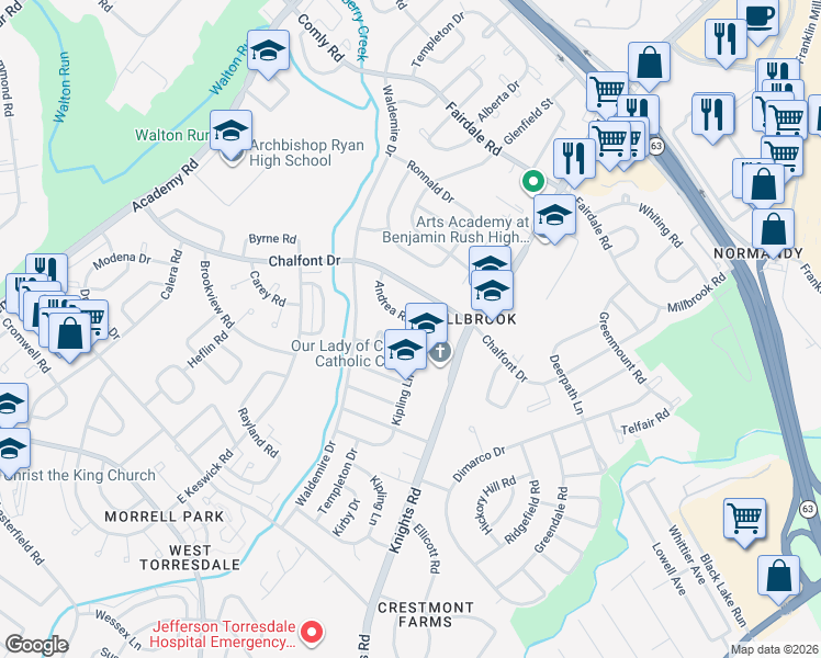 map of restaurants, bars, coffee shops, grocery stores, and more near 3828 Andrea Road in Philadelphia