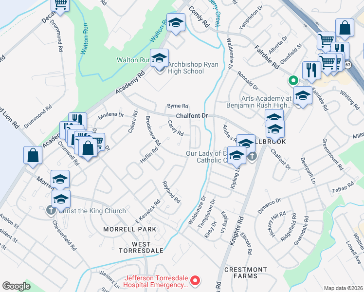 map of restaurants, bars, coffee shops, grocery stores, and more near 3583 Brookview Road in Philadelphia
