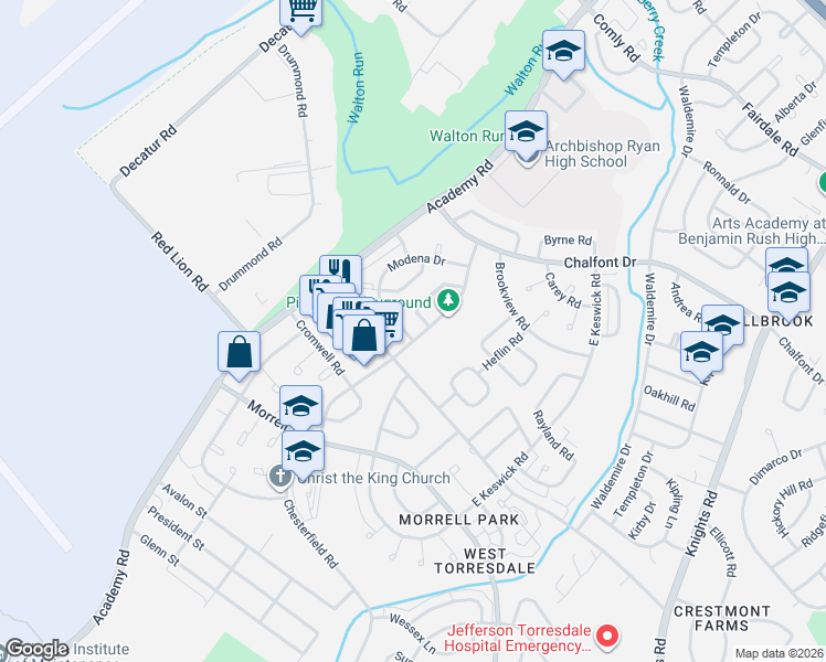 map of restaurants, bars, coffee shops, grocery stores, and more near 3541 Drumore Drive in Philadelphia