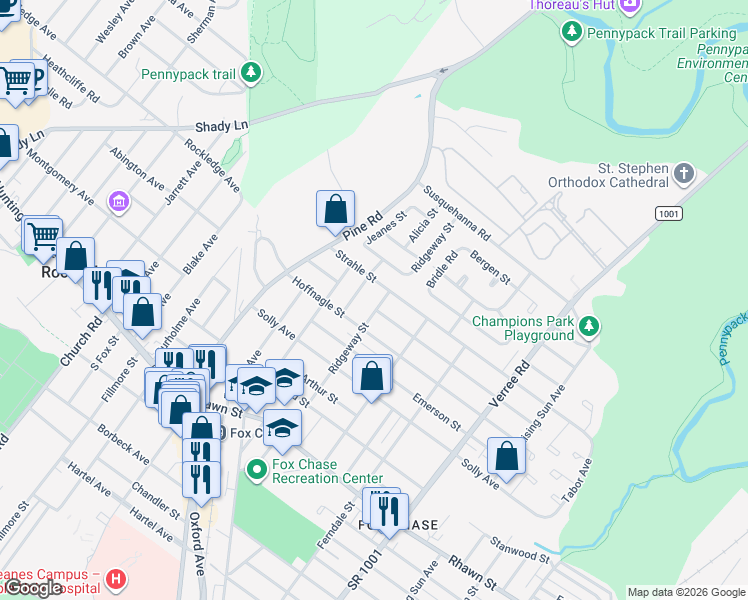 map of restaurants, bars, coffee shops, grocery stores, and more near 8323 Ridgeway Street in Philadelphia