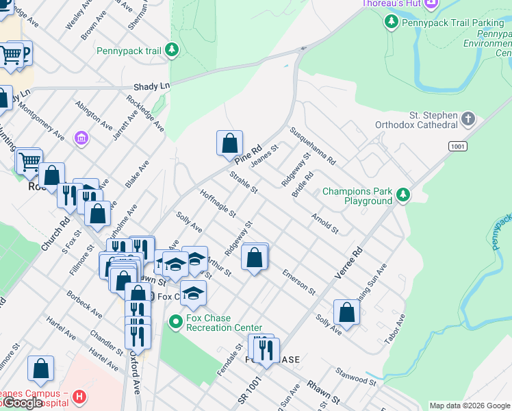 map of restaurants, bars, coffee shops, grocery stores, and more near 8323 Ridgeway Street in Philadelphia
