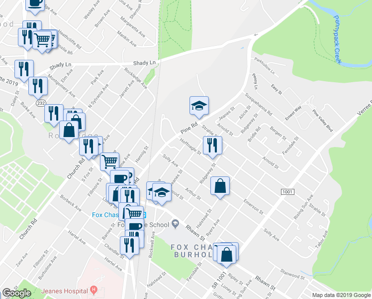 map of restaurants, bars, coffee shops, grocery stores, and more near 8240 Jeanes Street in Philadelphia