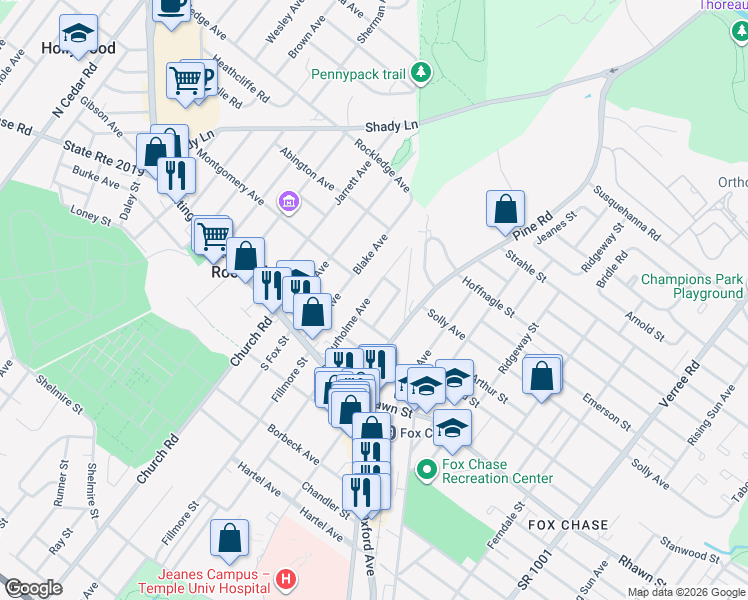 map of restaurants, bars, coffee shops, grocery stores, and more near 8116 Hennig Street in Philadelphia
