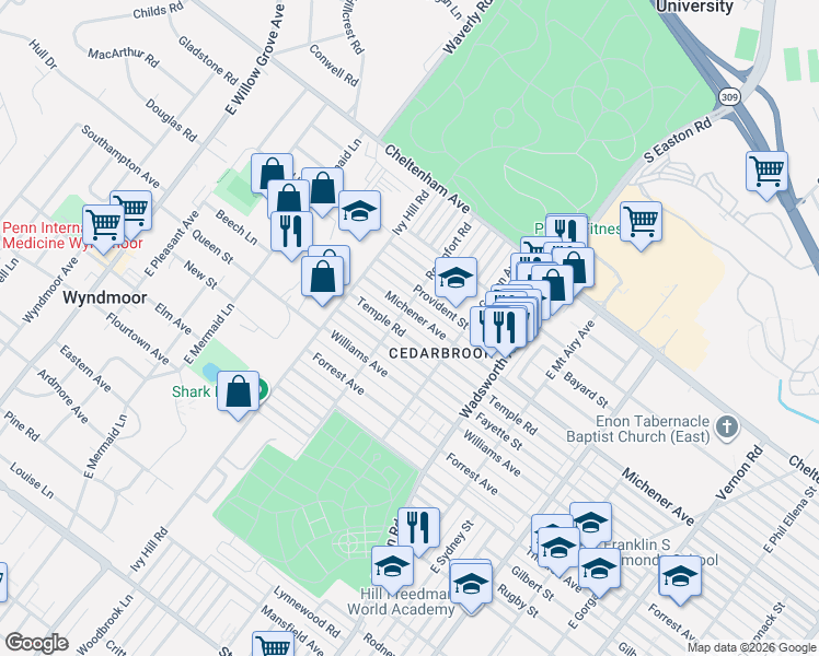 map of restaurants, bars, coffee shops, grocery stores, and more near 8535 Temple Road in Philadelphia
