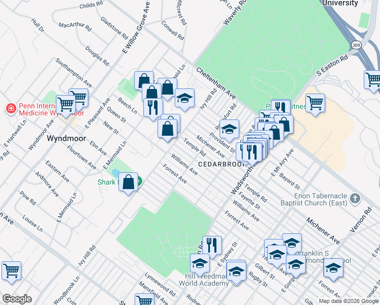 map of restaurants, bars, coffee shops, grocery stores, and more near 8601 Fayette Street in Philadelphia