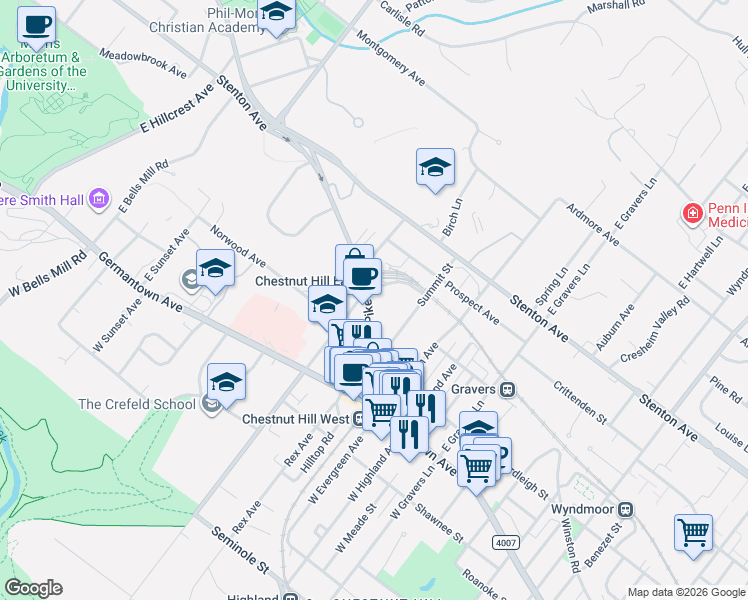 map of restaurants, bars, coffee shops, grocery stores, and more near 35 Summit Street in Philadelphia
