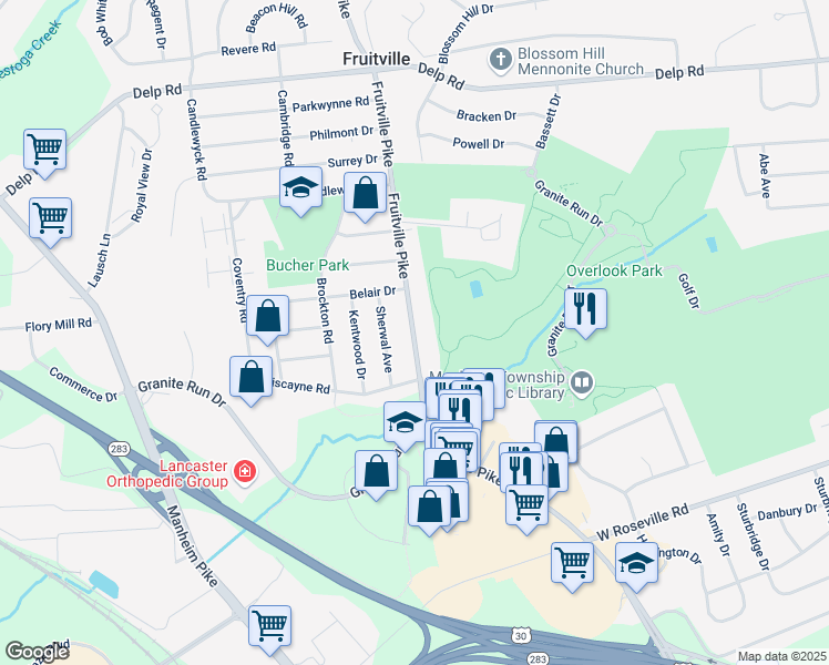 map of restaurants, bars, coffee shops, grocery stores, and more near 2134 Fruitville Pike in Lancaster