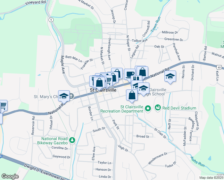 map of restaurants, bars, coffee shops, grocery stores, and more near 108 West Main Street in Saint Clairsville