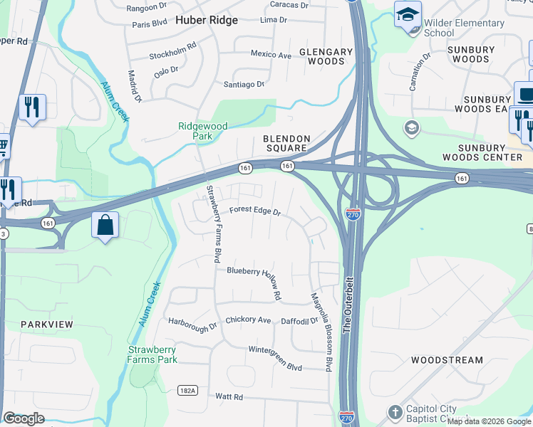 map of restaurants, bars, coffee shops, grocery stores, and more near 5275 Spring Beauty Court in Columbus