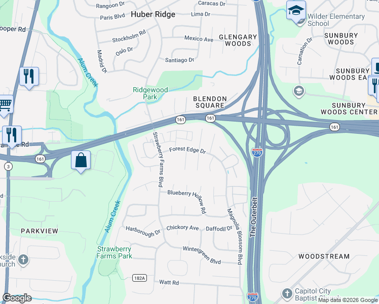 map of restaurants, bars, coffee shops, grocery stores, and more near 5275 Spring Beauty Court in Columbus
