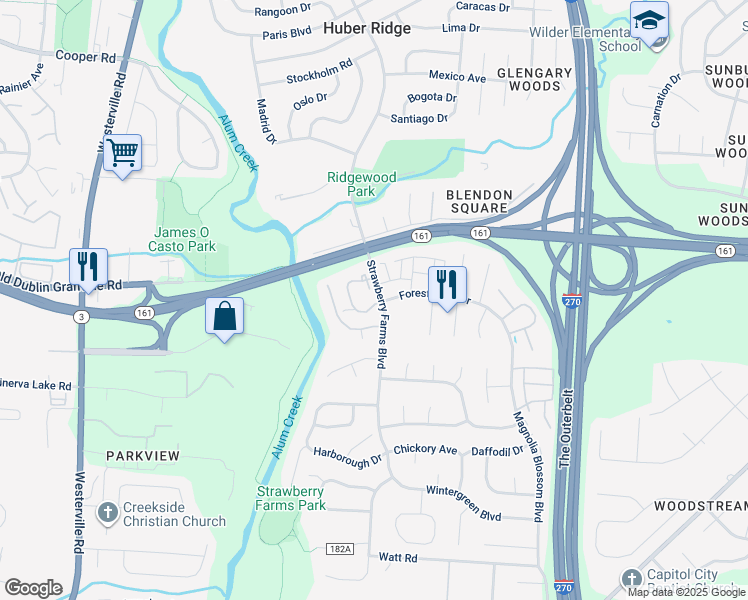 map of restaurants, bars, coffee shops, grocery stores, and more near 5269 Strawberry Farms Boulevard in Columbus