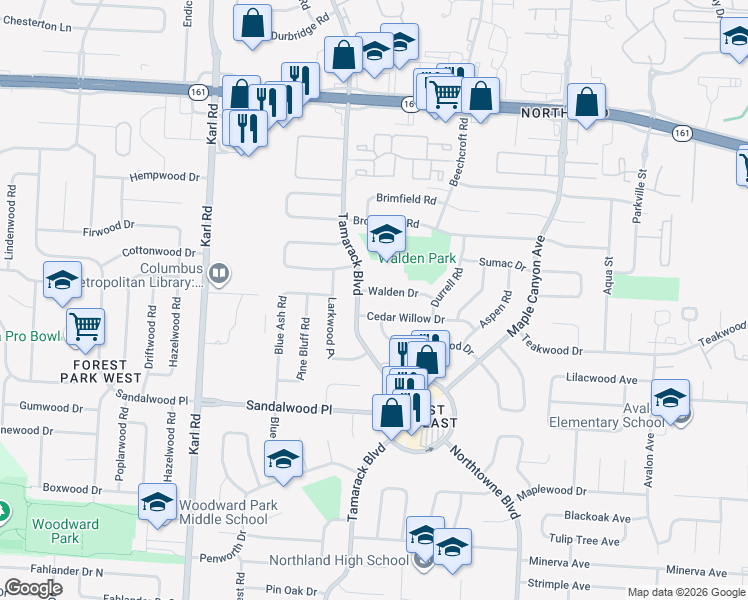 map of restaurants, bars, coffee shops, grocery stores, and more near 1852 Cedar Willow Drive in Columbus