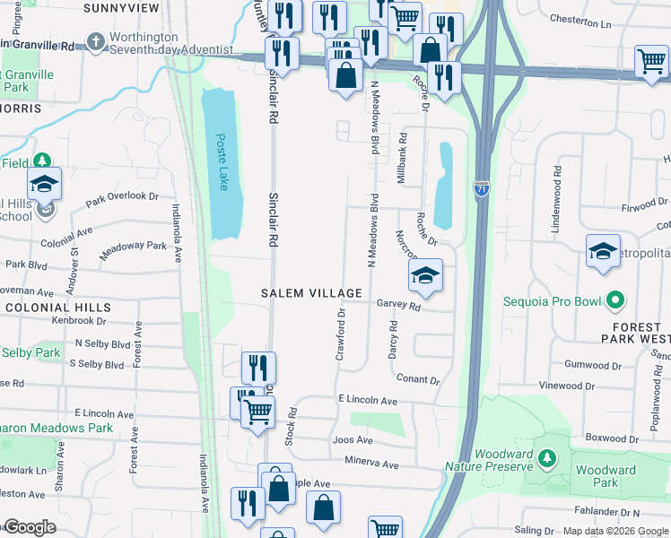map of restaurants, bars, coffee shops, grocery stores, and more near 5583 Crawford Drive in Columbus