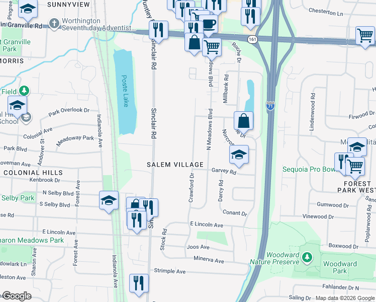 map of restaurants, bars, coffee shops, grocery stores, and more near 5583 Crawford Drive in Columbus
