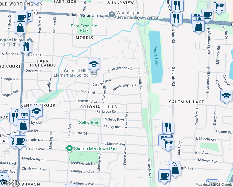 map of restaurants, bars, coffee shops, grocery stores, and more near 481 Park Boulevard in Worthington