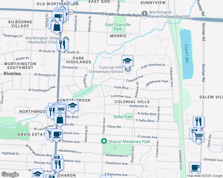 map of restaurants, bars, coffee shops, grocery stores, and more near 5696 Foster Avenue in Worthington