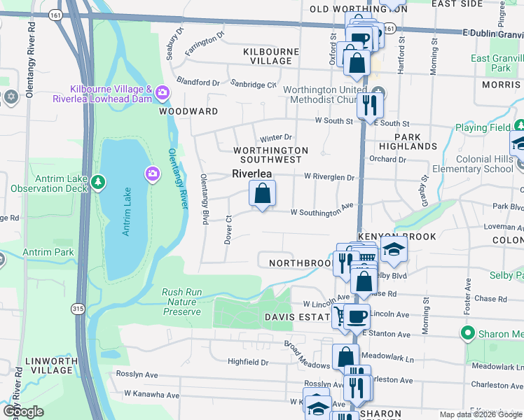 map of restaurants, bars, coffee shops, grocery stores, and more near 235 West Southington Avenue in Worthington