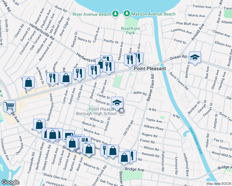 map of restaurants, bars, coffee shops, grocery stores, and more near 2400 Oak Street in Point Pleasant