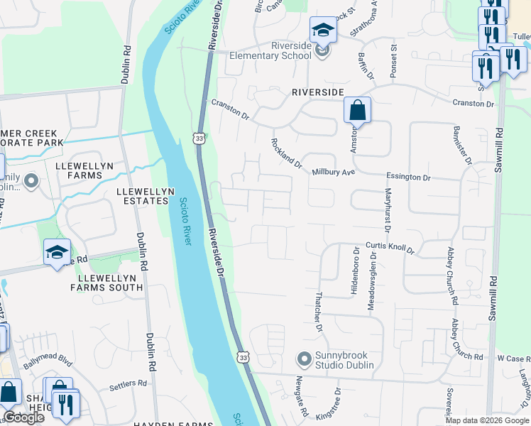 map of restaurants, bars, coffee shops, grocery stores, and more near 3220 River Hallow Rd in Dublin