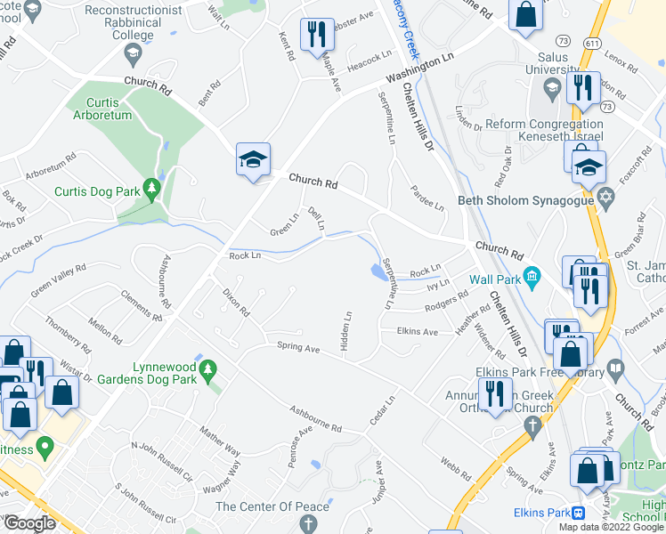 map of restaurants, bars, coffee shops, grocery stores, and more near 918 Rock Lane in Elkins Park