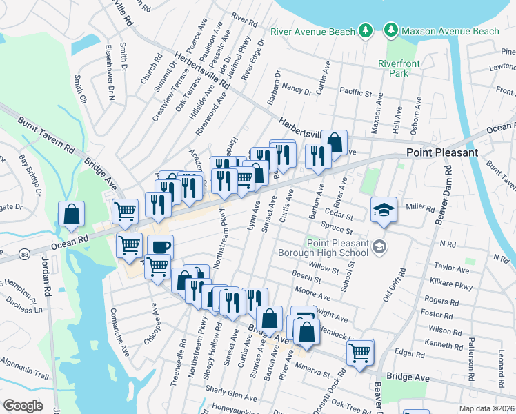 map of restaurants, bars, coffee shops, grocery stores, and more near 3000 Hiawatha Avenue in Point Pleasant